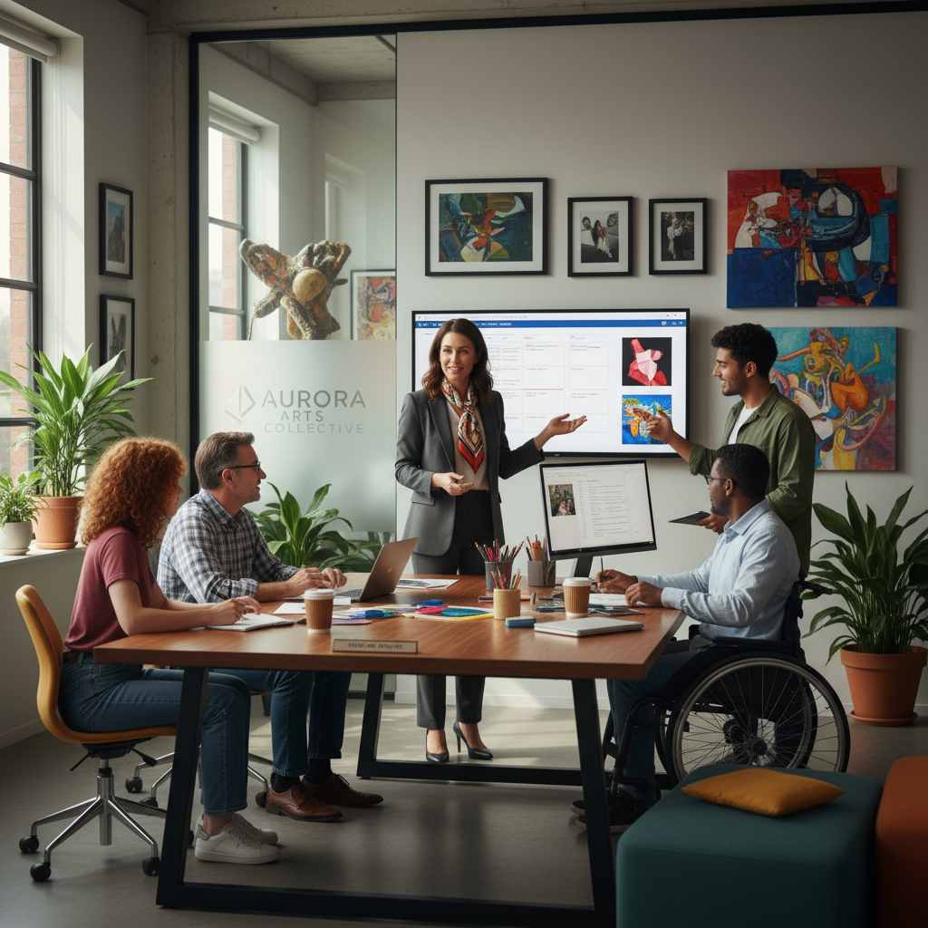 A professional scene illustrating interim leadership in an arts organization: temporary manager guiding a creative, diverse team in a modern office with art on the walls.