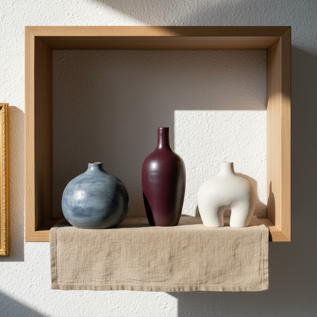 Three decorative vases are arranged on a shelf. The vases are the primary focus of the image. * circle vase in blue hues *...