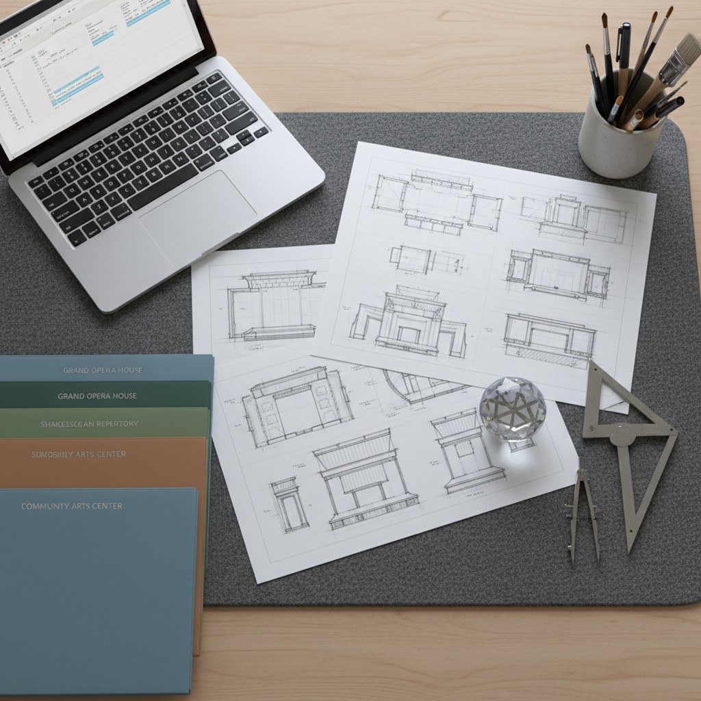 An overhead photograph of a desk with drafting paper, a laptop, a color palette, and artistic tools.