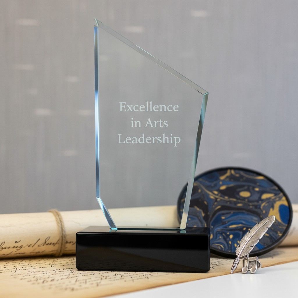 A glass award that says "Excellence in Arts Leadership" sits on top of a parchment and other objects, suggesting that it i...