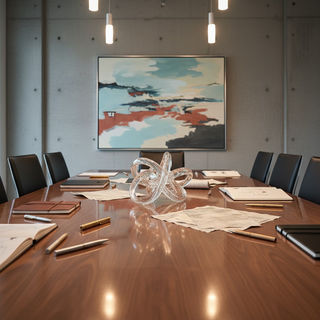 A large wooden table with an open sketchbook, papers, pens, notes, notebooks, journals, and a decorative clear or glass sc...