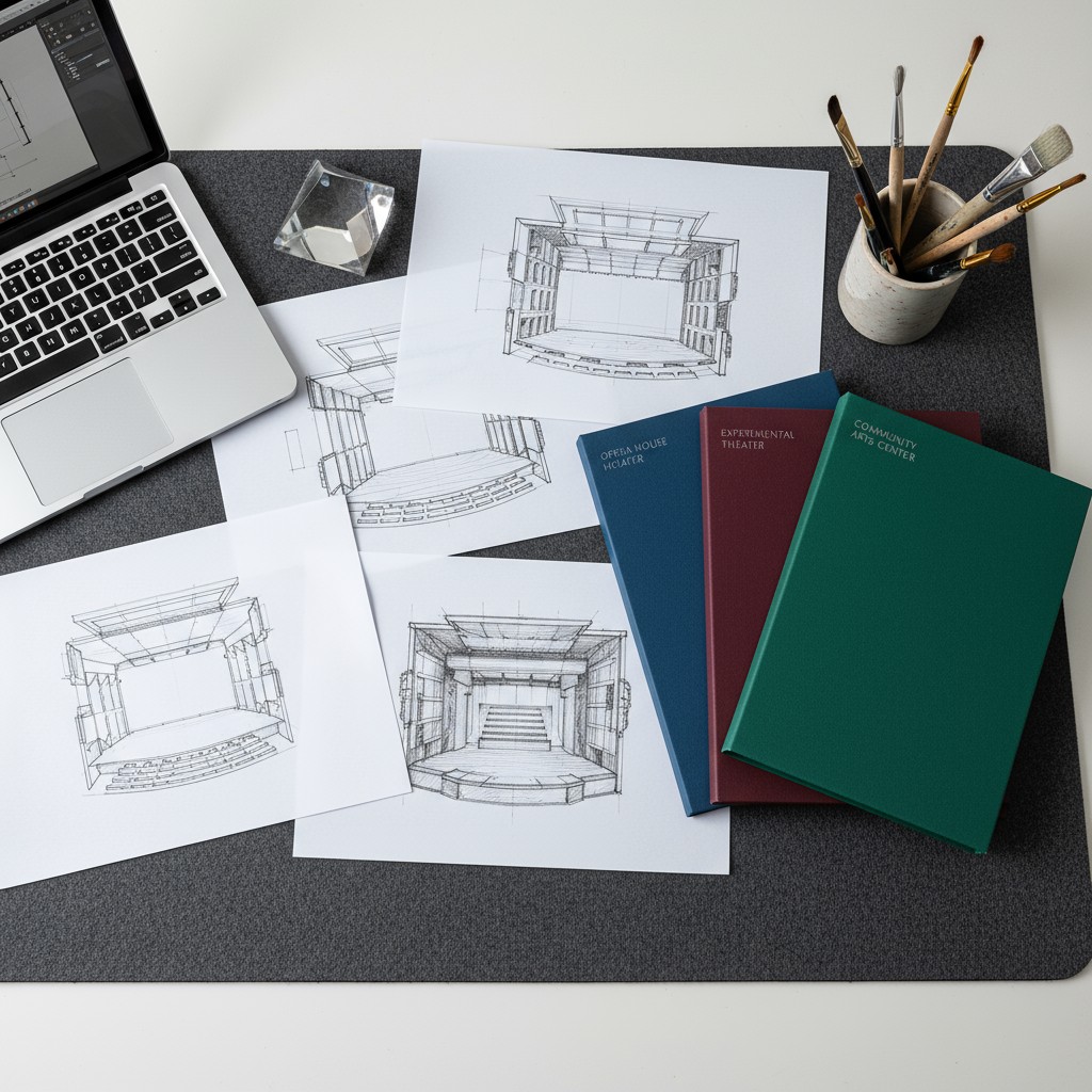 The image shows a workspace or desk covered in papers featuring intricate drawings of stages and performance areas. At the...