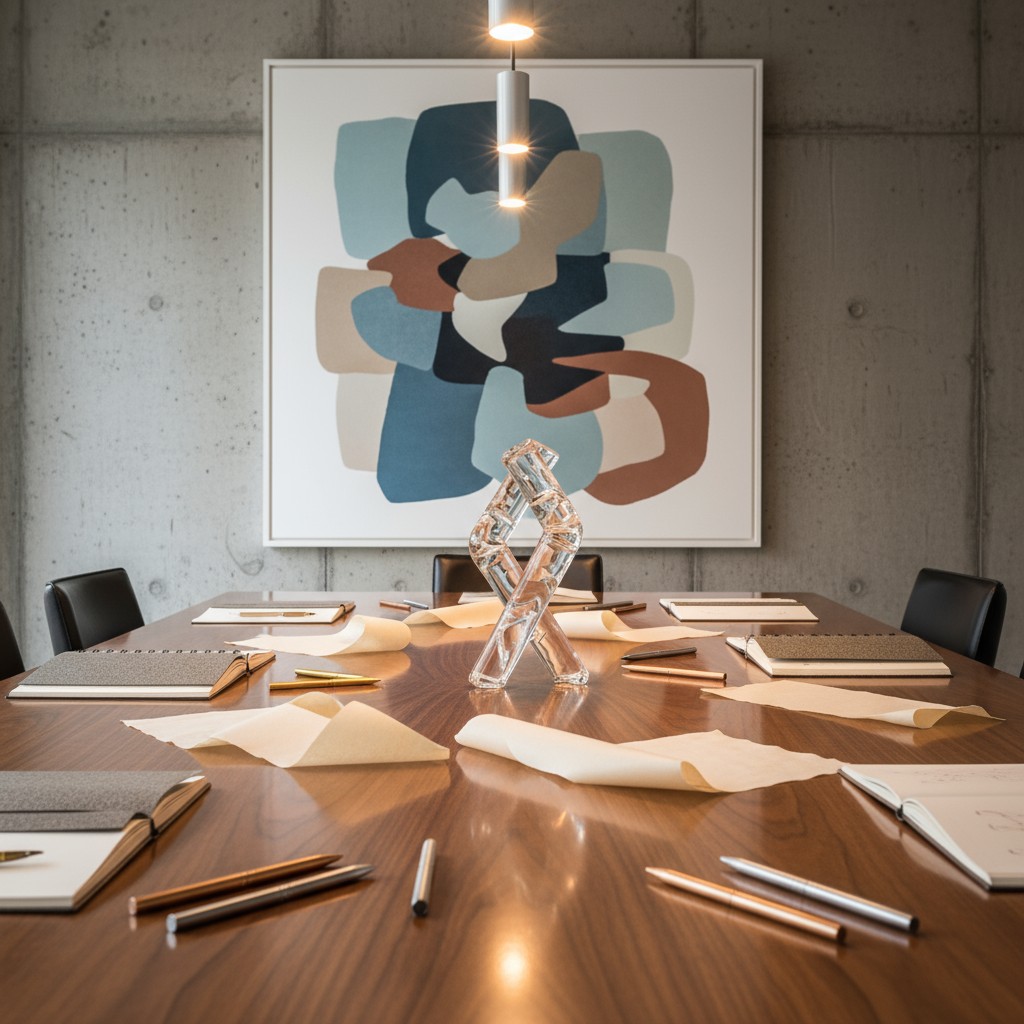 A minimalist room with a large abstract painting and elegant furniture offers a sense of creative inspiration.