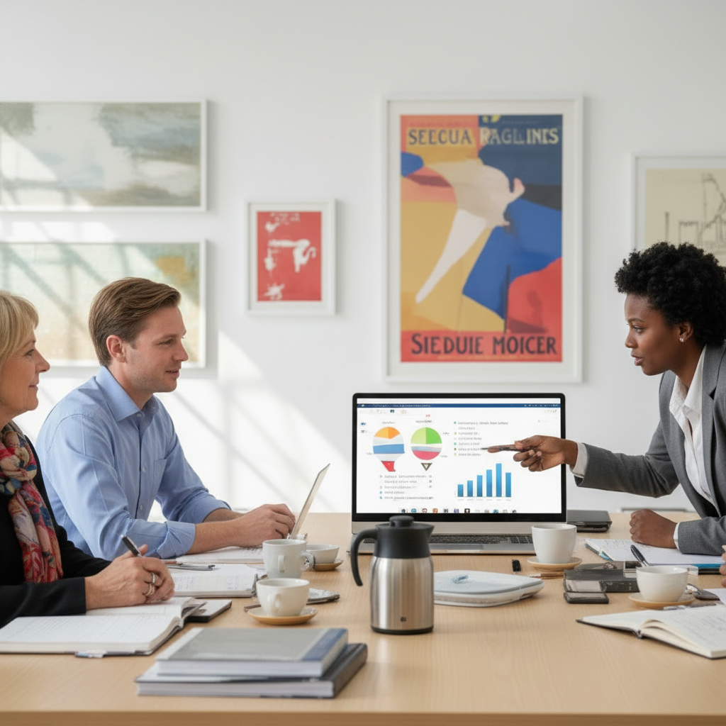 A close-up professional photo of a diverse group of nonprofit executives in a meeting, focused on their faces and upper bodies, with minimal background and no distracting ceiling, in a modern office setting, warm and approachable, high quality, horizontal layout